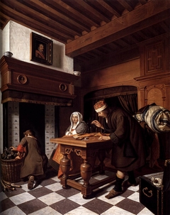 Goldweigher with a woman and a boy in an interior beside the fireplace by Cornelis de Man