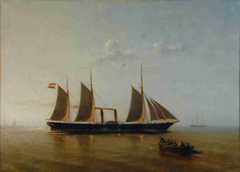 Het raderstoomschip 1e klasse Zr.Ms. Valk varende onder stoom en zeil by Petrus Paulus Schiedges