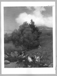 Hügellandschaft mit Kühen und Wasser by Hans Thoma