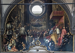 Il Doge Piero Lando assiste alla consacrazione della chiesa nel 1543 da parte di Giovanni Lucio Stofilio, vescovo di Sebenico by Daniel Heintz der Ältere