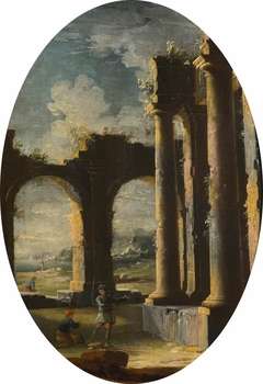 Italian Capriccio of Classical Ruins with Beggars by Leonardo Coccorante