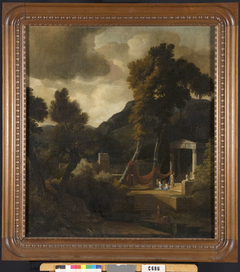 Klassiek landschap met tempel en figuren by Anonymous