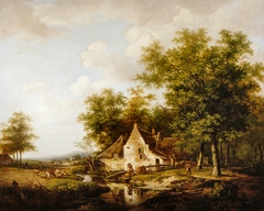 Landscape with a Farm between High Trees by Andreas Schelfhout