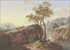 Landscape with a waterfall over which a footbridge leads, on the left a farmer drives two cows down to the valley, in the background a ruin by Maria Dorothea Wagner