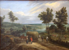 Landscape with river and hay - harvest by Lucas van Uden