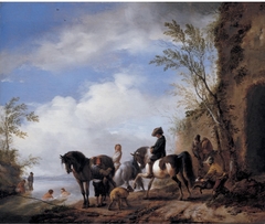 Landscape with three horses, horsemen and bathers near a river by Philips Wouwerman