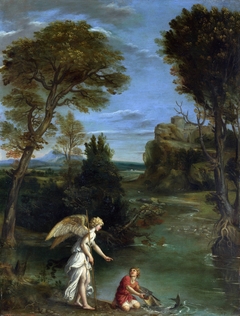 Landscape with Tobias laying hold of the Fish by Domenichino