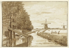 Landschap met een vaart en twee molens by Jean Bernard