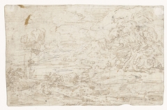 Landschap met enkele figuren onder een boom by Abraham Genoels II