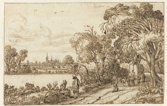 Landschap met weg tussen velden en bos by Unknown Artist