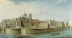 Le Cloître Notre-Dame, vu de l'île Saint Louis (quai d'Orléans) by Nicolas-Jean-Baptiste Raguenet