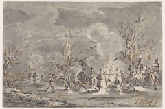 Legerplaats met soldaten rond kampvuur by Gerardus Emaus de Micault