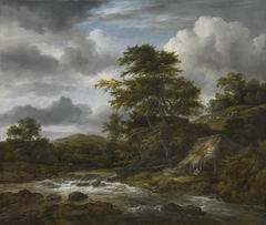 Low Waterfall in a Hilly Landscape with a Thatched Cottage by Jacob van Ruisdael