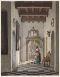 Meid die de gang van een huis veegt by Louis Henri de Fontenay