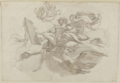 Mensfiguren en putti met een adelaar in de wolken by Unknown Artist