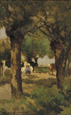 Milking cows amidst willow trees by Johan Hendrik Weissenbruch