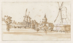 Molens op de wal aan weerszijden van de Morspoort te Leiden by Jan de Bisschop
