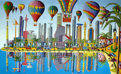 Hot air balloons  naive painter urban landscape paintings cityscape painting raphael perez israeli artist by Raphael Perez