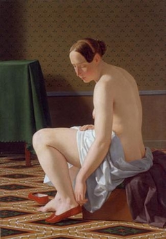 Naked woman putting on her slippers by Christoffer Wilhelm Eckersberg