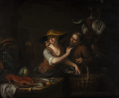 Old man trying to kiss a young woman by Adriaan van der Burg