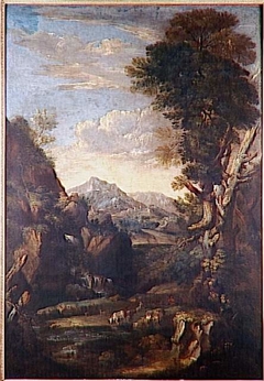 Paysage avec une cascade et un pâtre gardant un troupeau by Anonymous