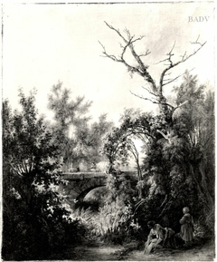 Paysanne lavant près d'un pont by Jean-Baptiste Huet