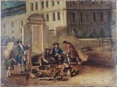 Plombiers et gardes à la porte des Tuileries, vers 1730. by Anonymous