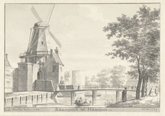 Raampoort te Haarlem, met molen by Hendrik de Winter