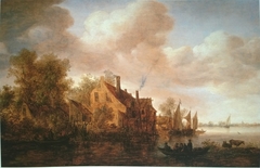 River Landscape with Houses on the Left Bank by Adriaen van der Cabel