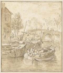 Schepen bij een brug in een stad by Jacob Jacobsz. de Vos I