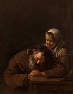 Sleeping old man and girl by Michael Sweerts