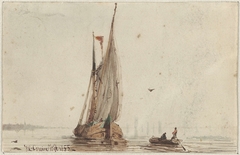 Sloep bij een zeilschip op het water by Johan Conrad Greive