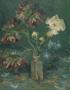 Small Bottle with Peonies and Blue Delphiniums by Vincent van Gogh