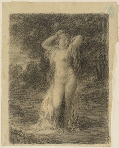 Staande naakte vrouw in een boslandschap met water by Henri Fantin-Latour