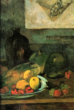 still-life in front of an engraving of Delacroix by Paul Gauguin