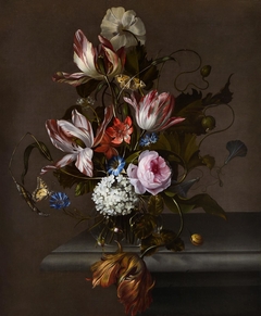 Still Life of Flowers in a Glass Vase on a Stone Table Ledge by Anna Ruysch