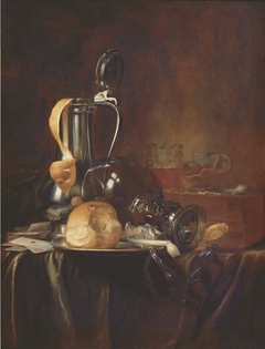 Still life with rummer, pewter jug, lemon, bread, smoking utensils, and a pocket watch by Simon Luttichuys