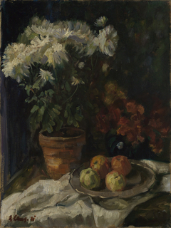 Stilleben mit weissen Chrysanthemen und Äpfeln by Albert Lang