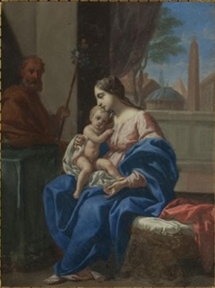 The Holy Family in a classical setting by Roman School