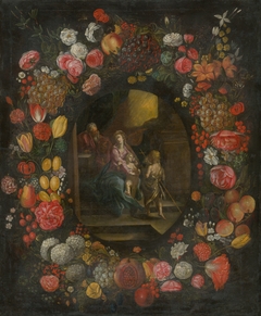 The Holy Family in a Flower and Fruit Garland by Anonymous