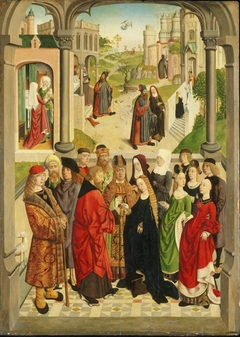 The Marriage of the Virgin, with the Expulsion of Saint Joachim from the Temple, the Angel Appearing to Saint Joachim, the Meeting at the Golden Gate, the Birth of the Virgin, and the Presentation of the Virgin by Master of the Tiburtine Sibyl