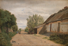 The Outskirts of the Village of Vejby. By the Roadside the Painter J.Th. Lundbye Sketching by P C Skovgaard