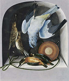 Trompe l'oeil with a hunting still life of birds and a flacon in a niche by Cornelis Biltius