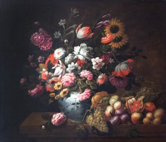 Tulips, Roses and other Flowers in a Porcelain Bowl, and Fruit, on a Ledge by Anonymous