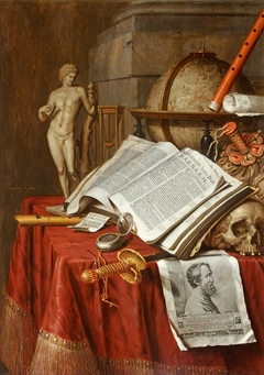 Vanitas Still Life with a Statuette of an Antique Athlete and a Print of Michelangelo by Evert Collier