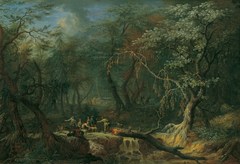 Waldlandschaft mit gestürztem Baum und Jägern by Franz Christoph Janneck