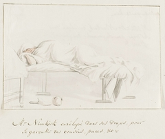 Willem Hendrik van Nieuwerkerke ligt gewikkeld in laken op bed om zich te beschermen tegen muggen en vlooien by Louis Ducros