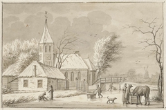 Wintergezicht bij een kerk by Pieter de Goeje