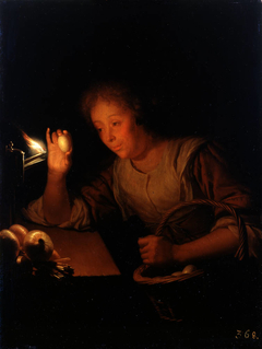 Woman holding an Egg up against a Lamp by Godfried Schalcken