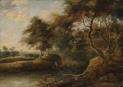 Wooded landscape with a river and a resting traveller by Flämischer Meister